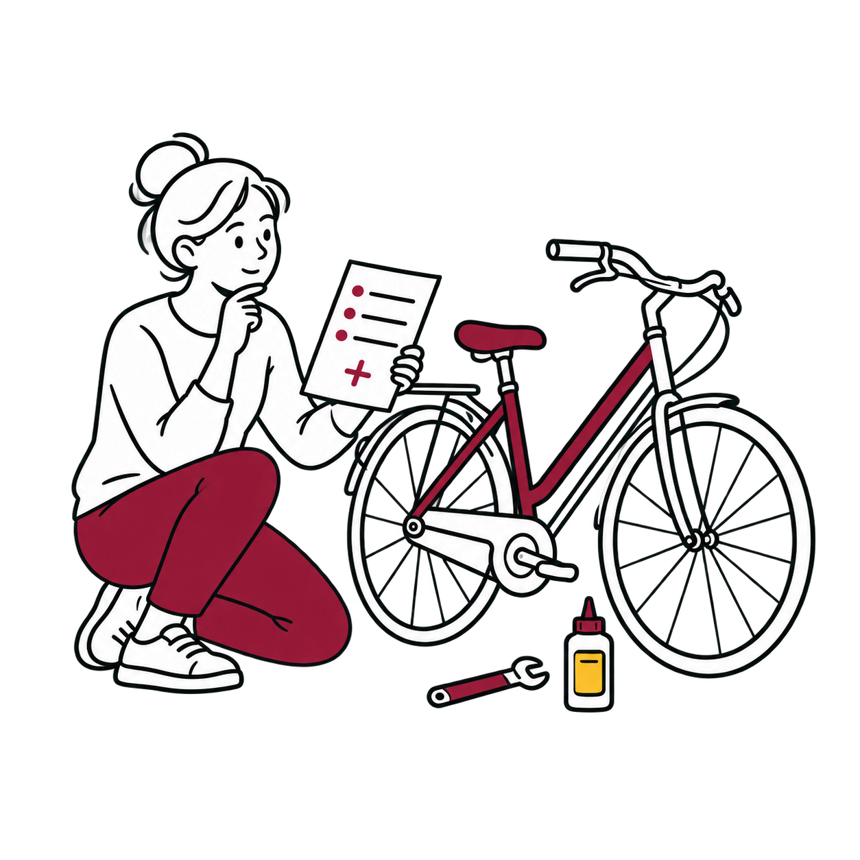 Persona que revisa una hoja junto a una bicicleta y herramientas de mantenimiento