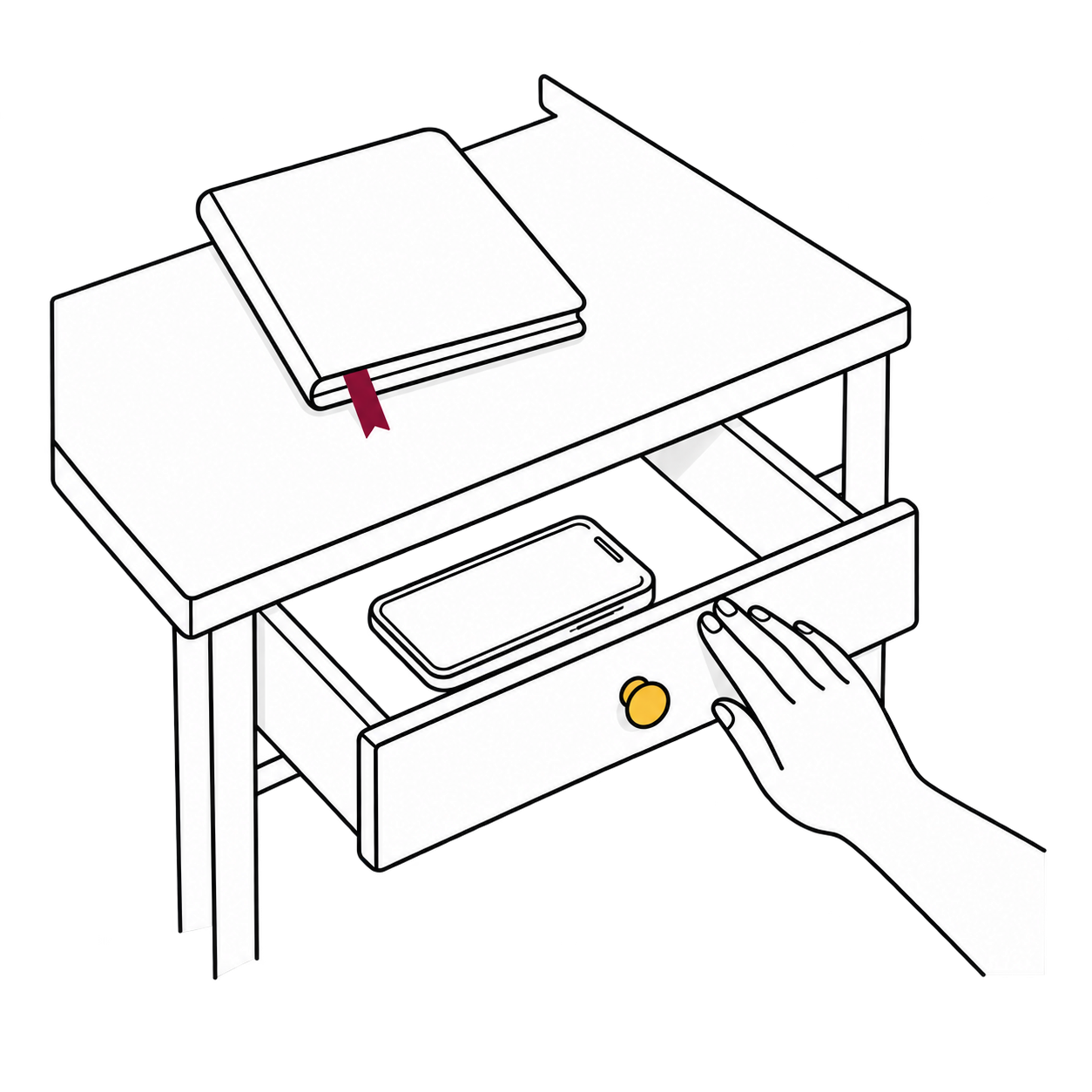 Mano que cierra un cajón con el móvil dentro, bajo una mesa con una libreta