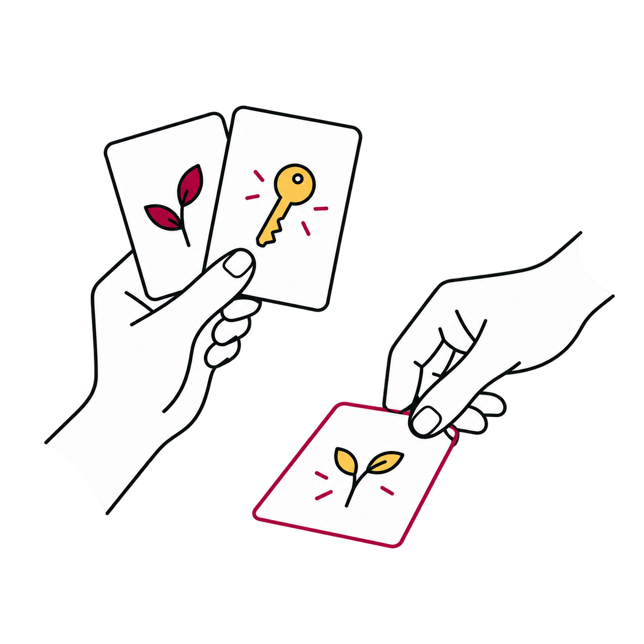 Dos manos sostienen unas cartas y colocan sobre la mesa una carta con un brote