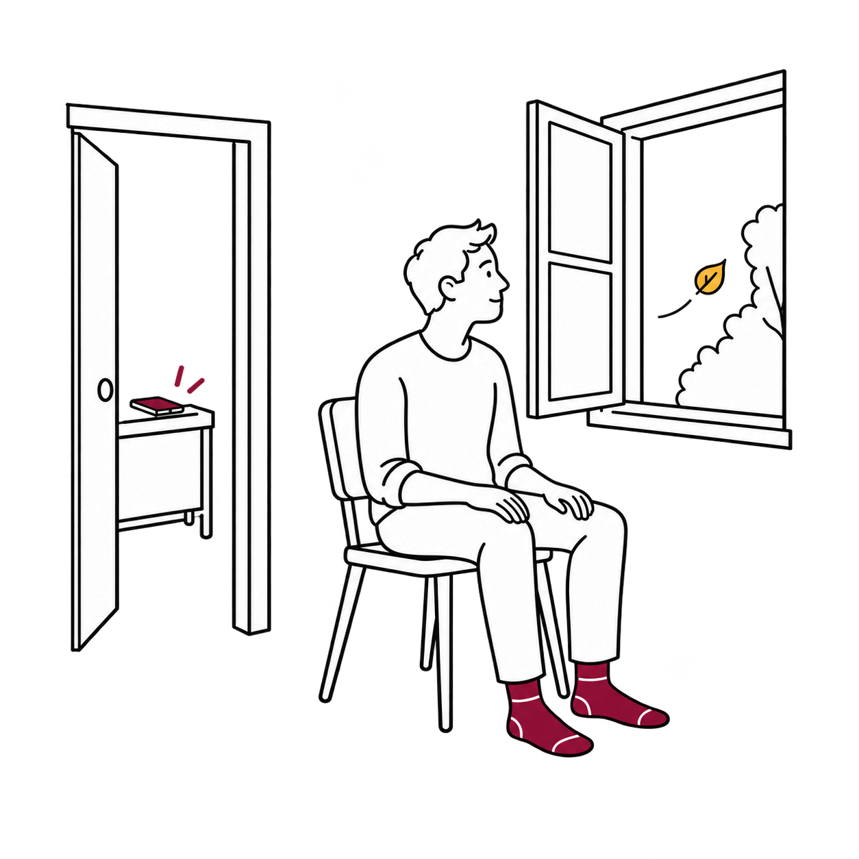 Persona sentada junto a una ventana mientras su móvil queda en otra habitación