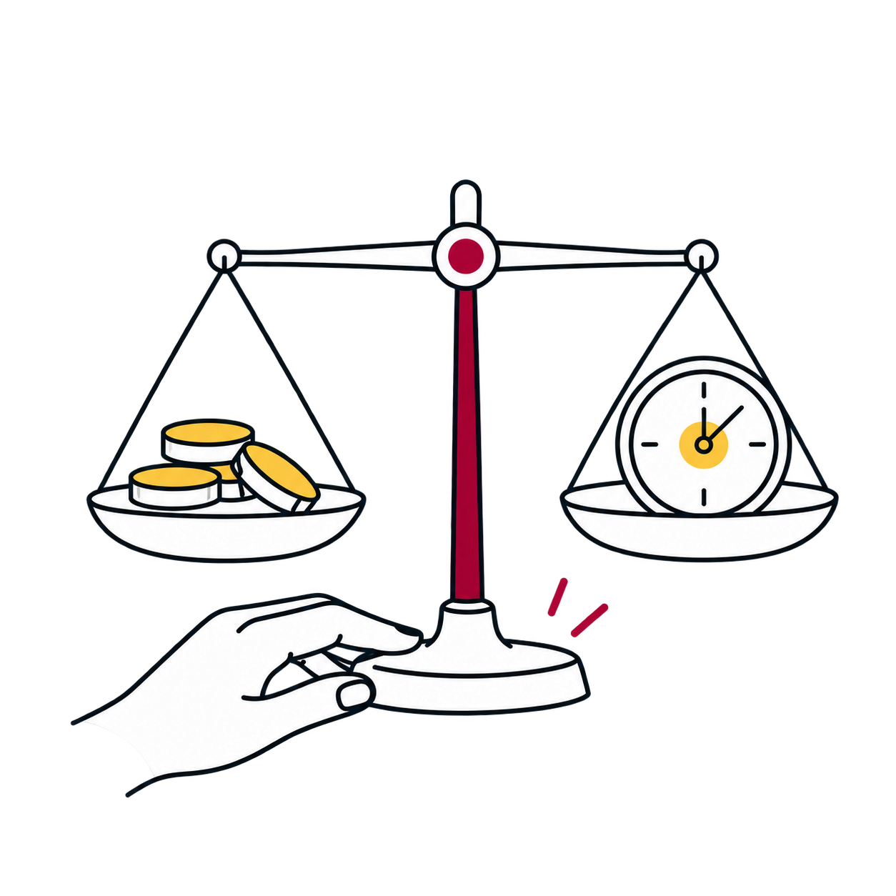 Una mano ajusta una balanza con monedas en un plato y un reloj en el otro