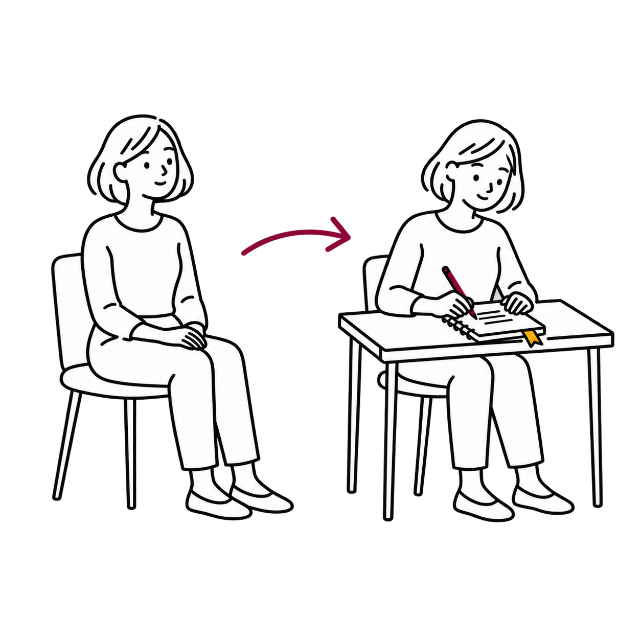 Una persona pasa de estar sentada sin hacer nada a escribir en una libreta, siguiendo una flecha