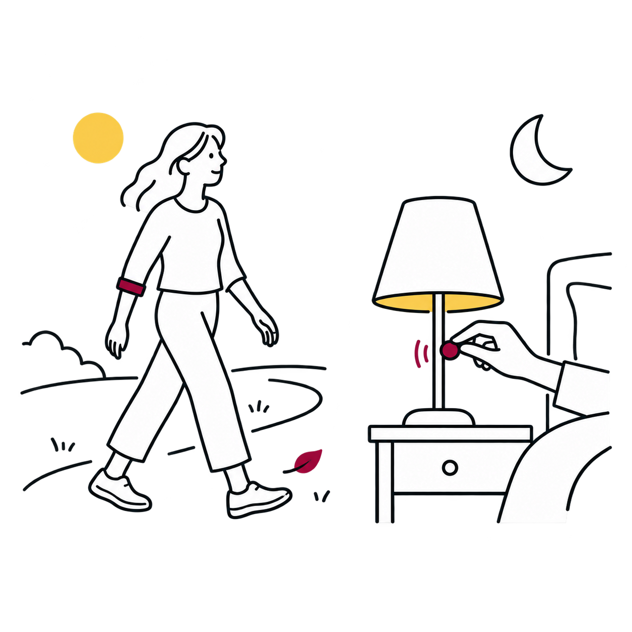 Un paseo bajo el sol y una mano junto al interruptor de una lámpara, con una luna sobre la cama
