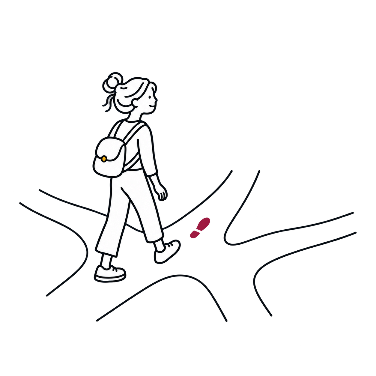 Persona con mochila que da un paso en una bifurcación de caminos, junto a unas huellas