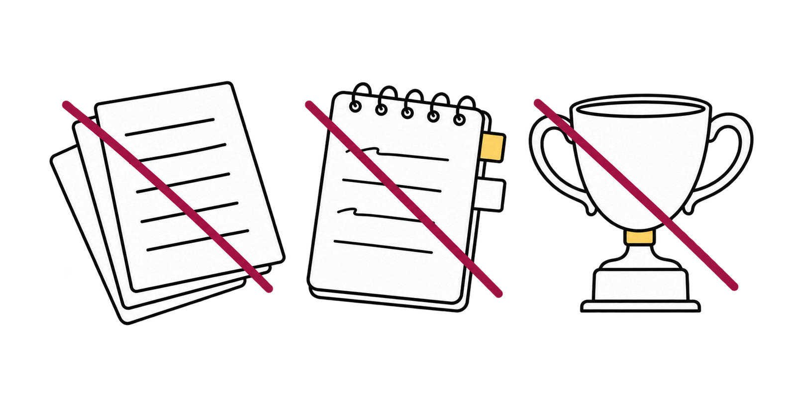 Folios, libreta y trofeo tachados: resúmenes largos, notas sin aplicar y promesas vacías
