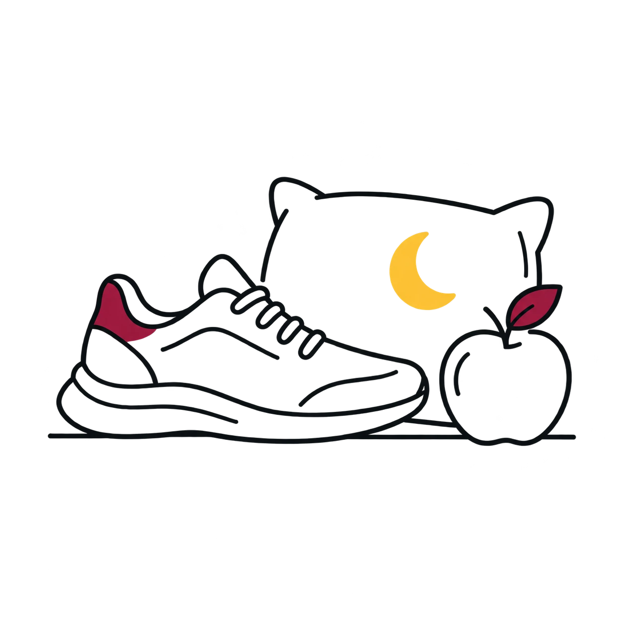 Zapatilla, almohada con una luna y manzana.