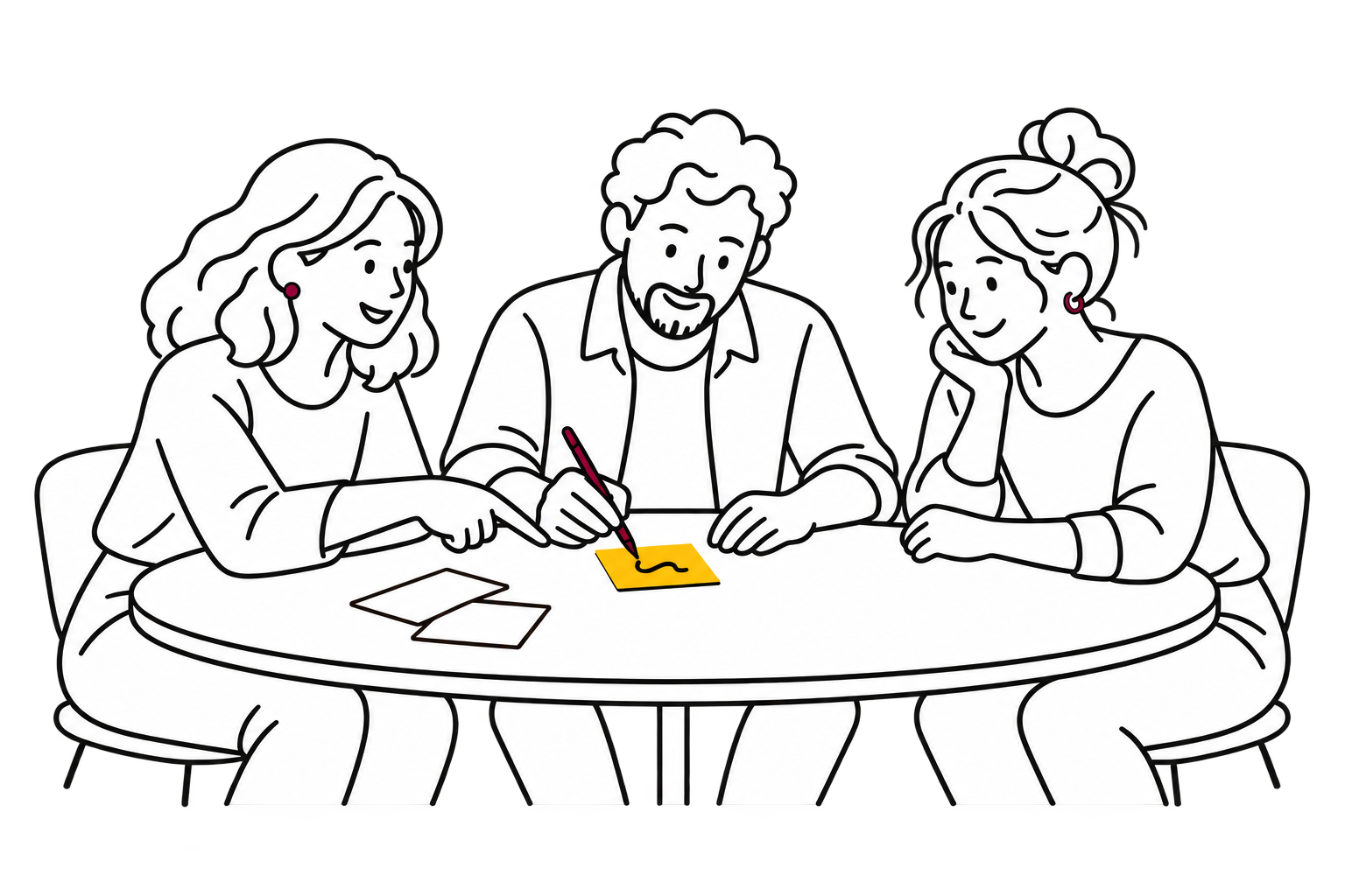 Tres personas conversan en una mesa; una señala una tarjeta y otra escribe, con varias notas apartadas