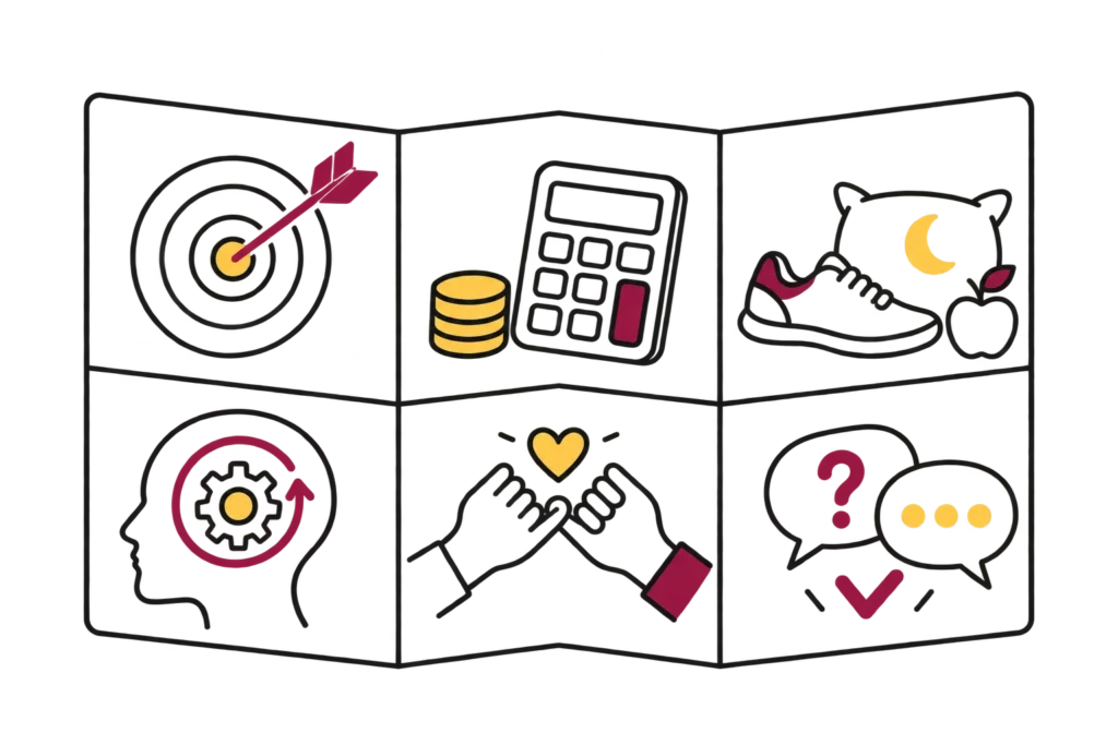 Guía de seis temas: foco, dinero, salud, mentalidad, relaciones y comunicación.