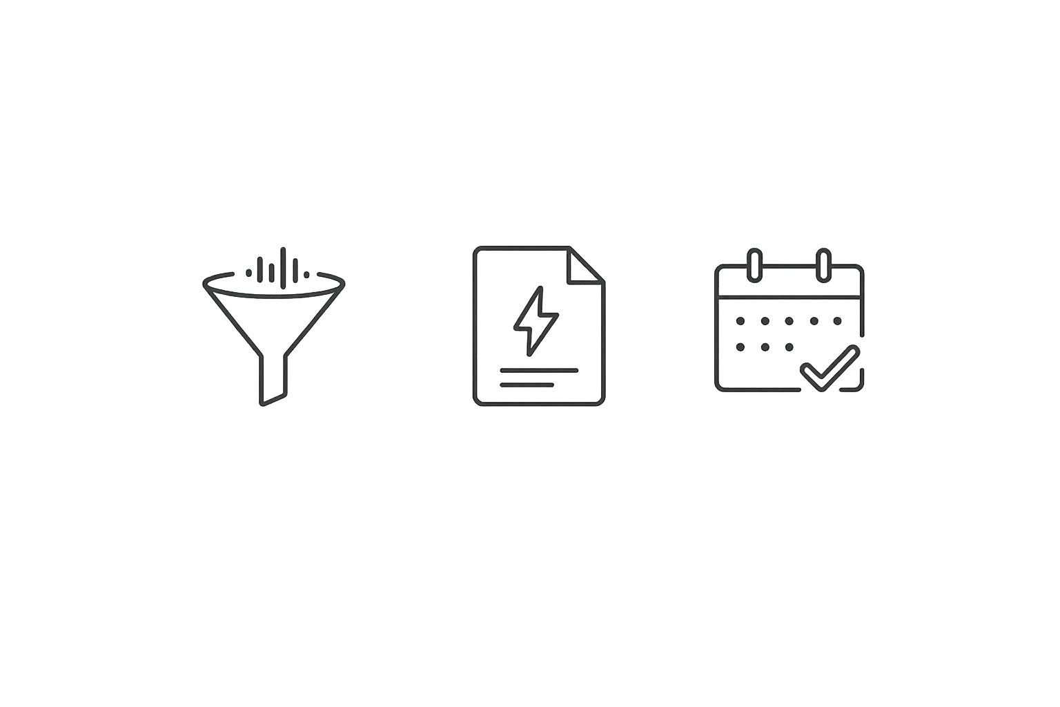 Tres iconos minimalistas que representan el proceso de Píldoras de Podcast: filtrar una idea, convertirla en acción y seguir una ruta de 7 días
