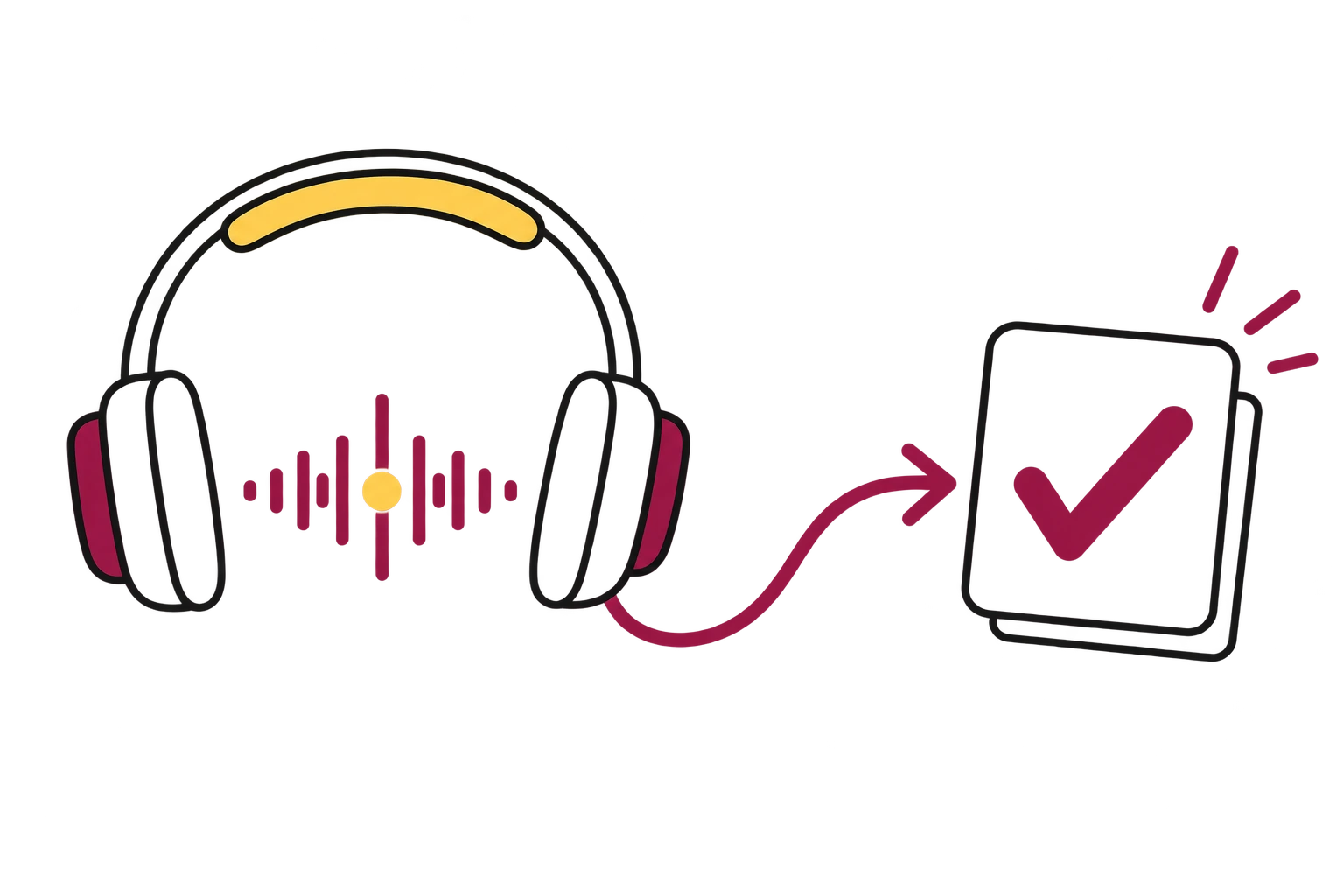 Auriculares con una onda de audio conectados a una tarjeta de acción marcada.