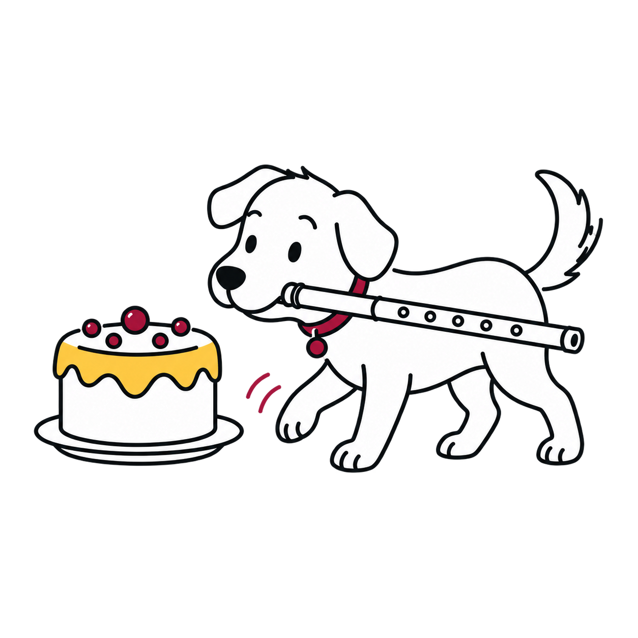 Un perro lleva una flauta en la boca junto a una tarta con frutos rojos